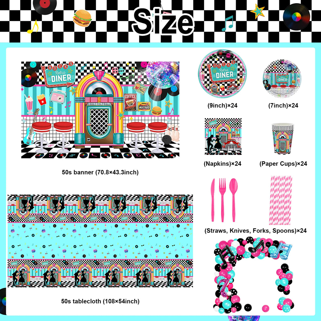 50s Themed Party Decorations Kit – 280 Pieces with Backdrop, Balloons & Tableware – The Party Days | The Party Days