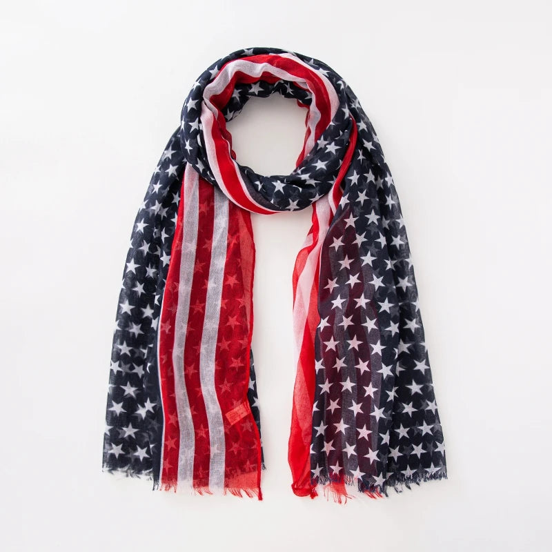Fashion American Flag Oblong Scarfs Patriotic Stars Print Shawl Voile Soft Wrap Geometric Stripes Scarf | The Party Days | The Party Days