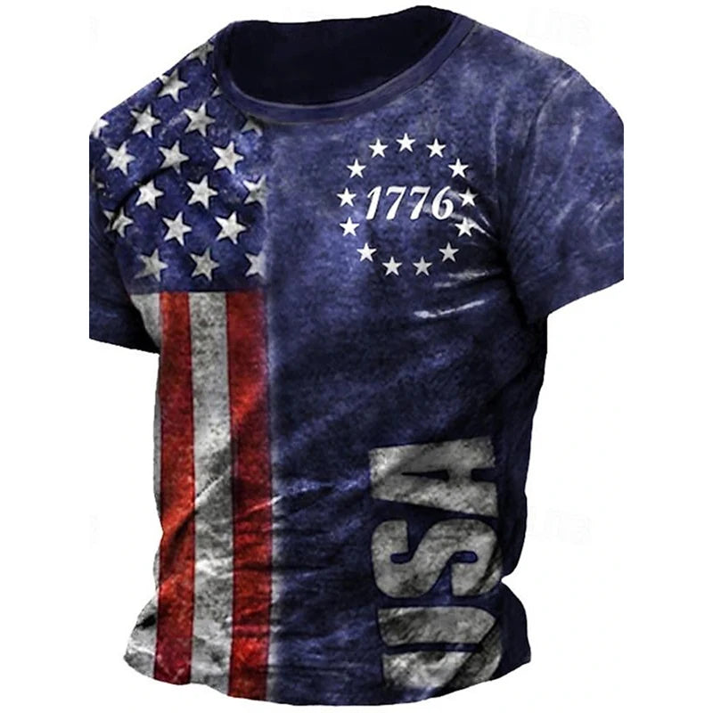Men's 3D Skull & Retro Flag Print T-Shirt – Round Neck Short Sleeve Summer Tee – The Party Days | The Party Days