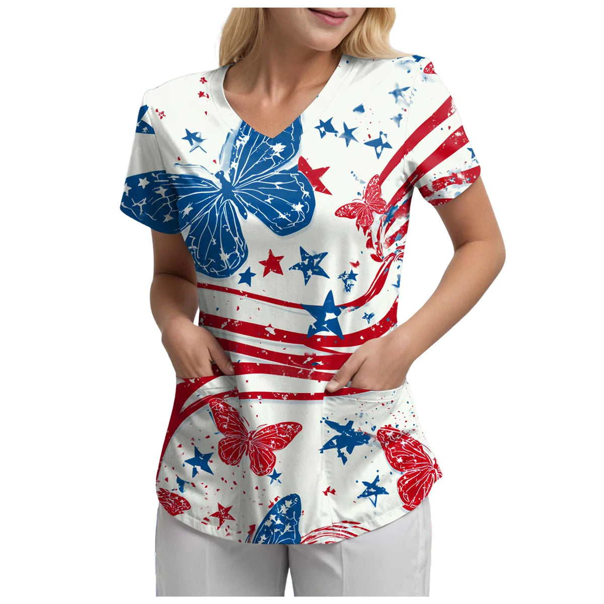 Women's 250th Anniversary Printed V-Neck Pocket T-Shirt – Casual Short Sleeve Top – The Party Days | The Party Days