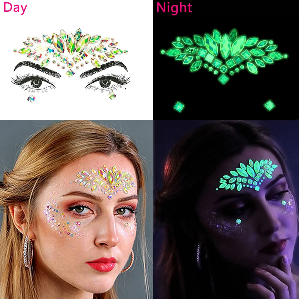 3D Diamond Luminous Face Jewel Stickers – Glitter Rhinestone Temporary Tattoos – The Party Days | The Party Days