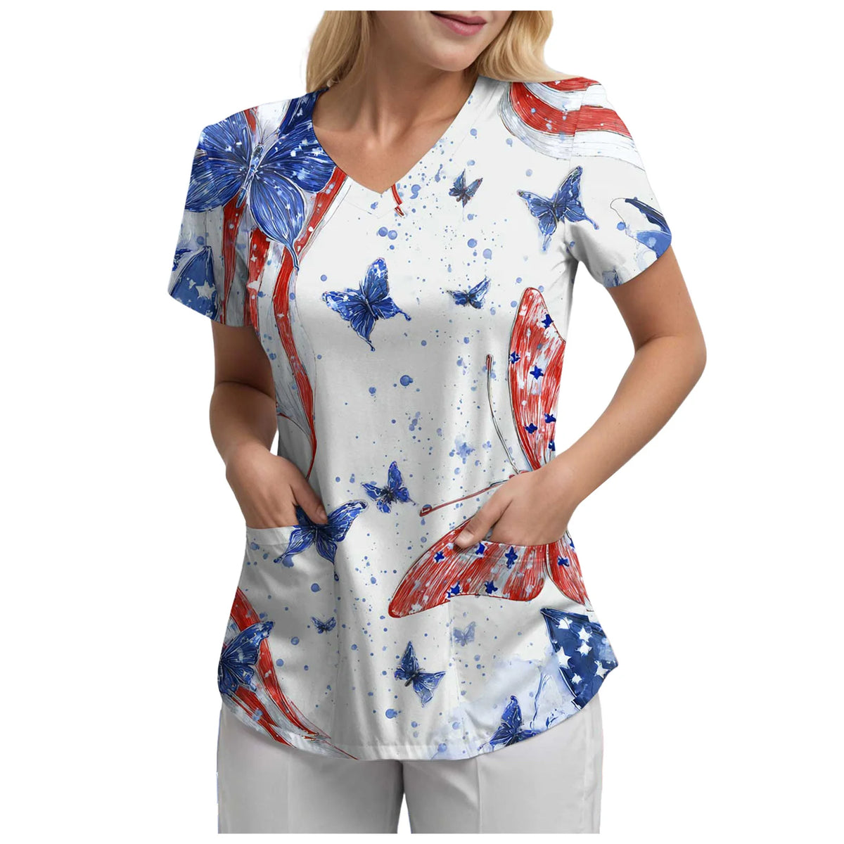 Women's 250th Anniversary Printed V-Neck Pocket T-Shirt – Casual Short Sleeve Top – The Party Days | The Party Days