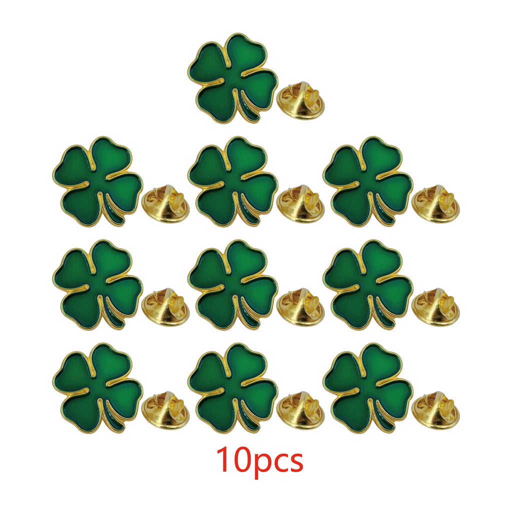 St. Patrick's Day Four-Leaf Clover Pin – Green & Gold Metal Brooch – The Party Days | The Party Days