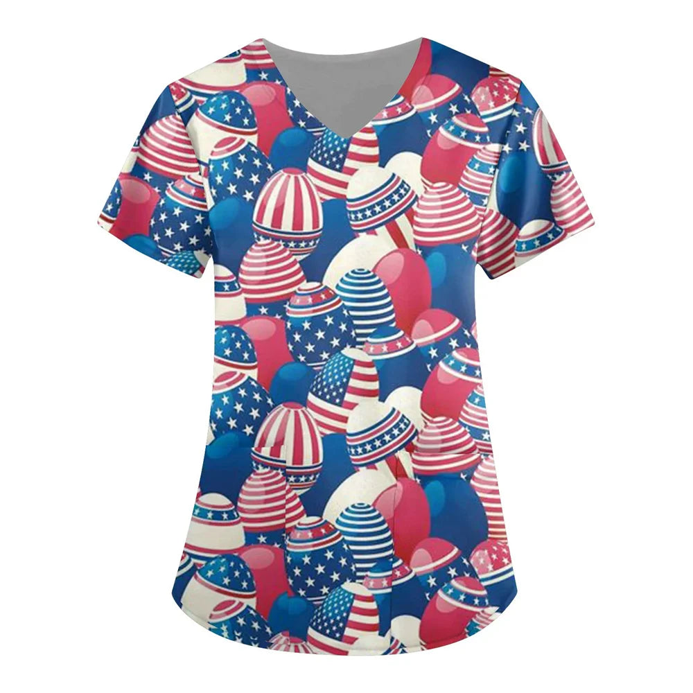 Women's 4th of July Patriotic Scrub Top – V-Neck 3D Print Independence Day Uniform Tee – The Party Days | The Party Days