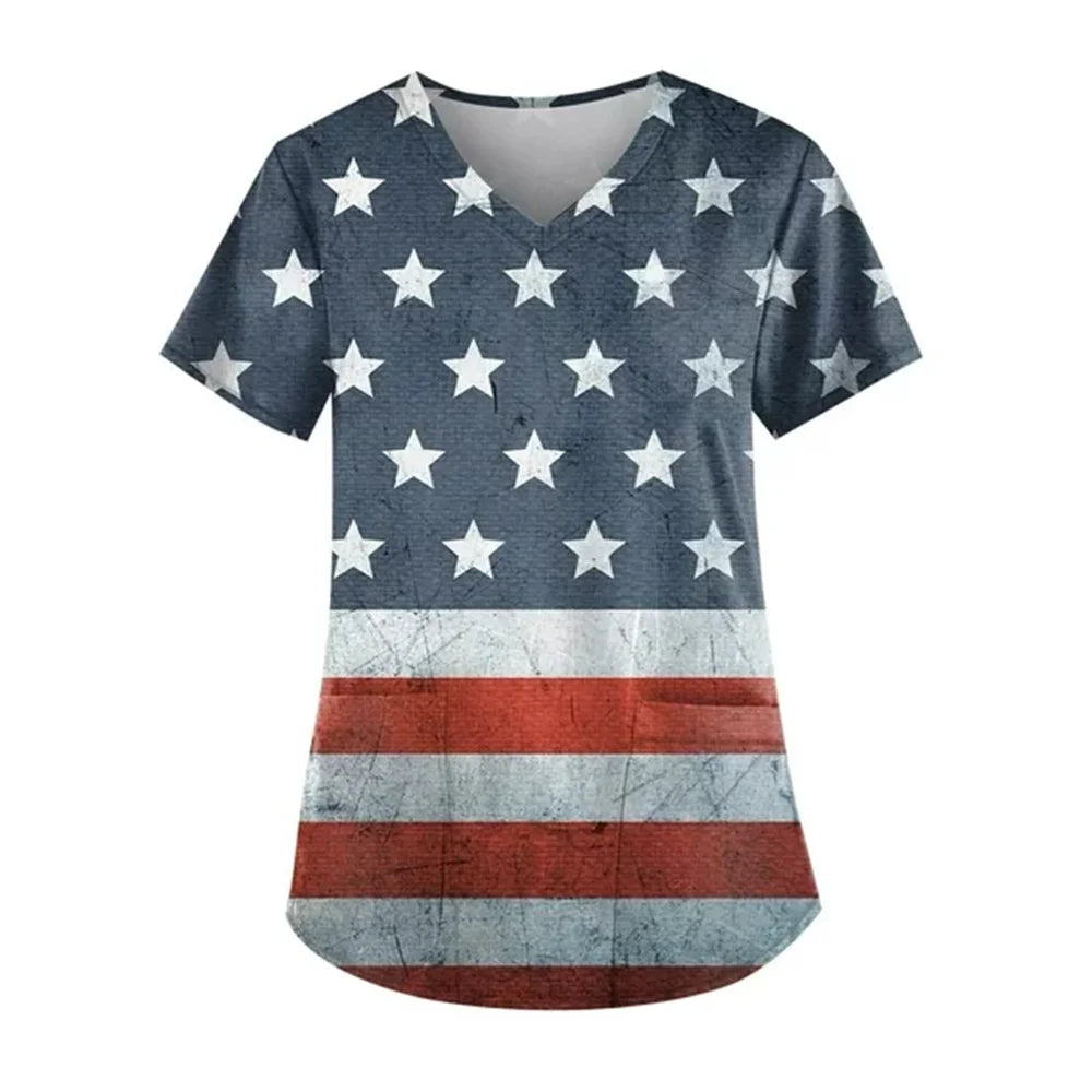 Women's 4th of July Patriotic Scrub Top – V-Neck 3D Print Independence Day Uniform Tee – The Party Days | The Party Days