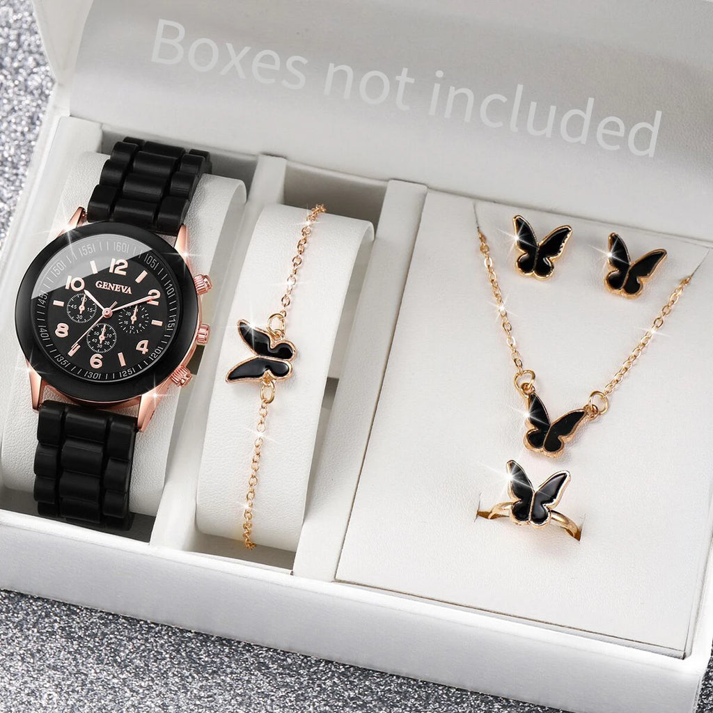 Women's 5-6 Piece Jewelry Set – Butterfly Quartz Watch + Earrings + Necklace + Bracelet + Ring | The Party Days | The Party Days