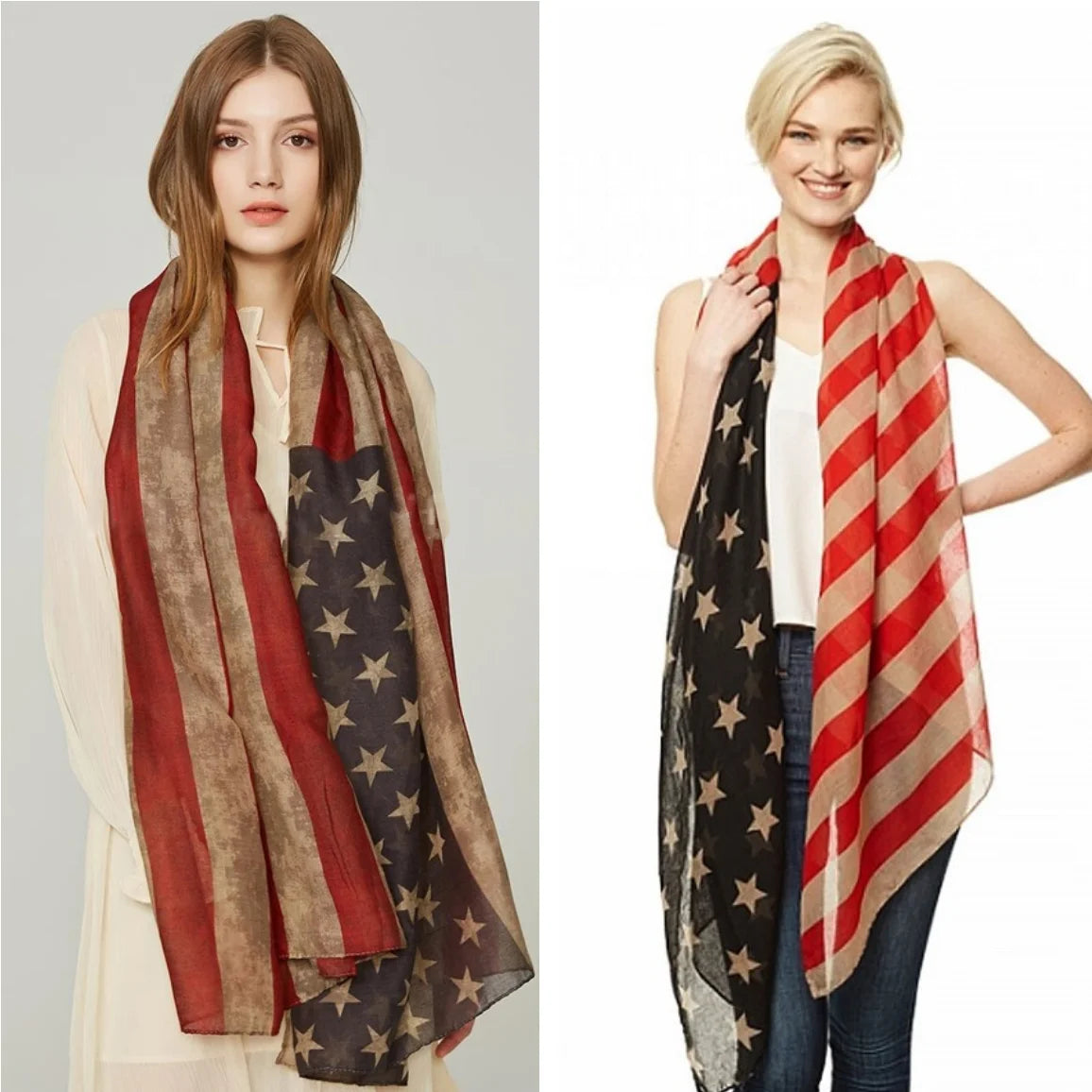 Fashion American Flag Oblong Scarfs Patriotic Stars Print Shawl Voile Soft Wrap Geometric Stripes Scarf | The Party Days | The Party Days