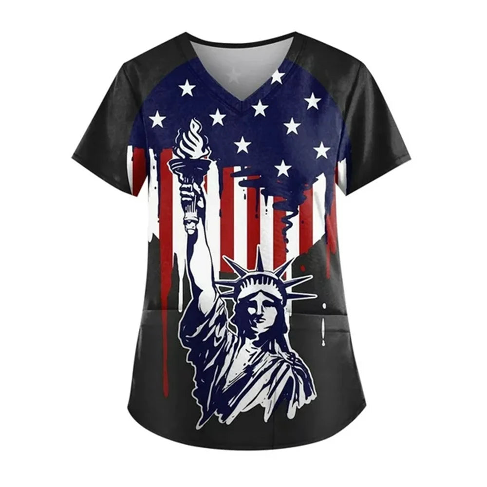 Women's 4th of July Patriotic Scrub Top – V-Neck 3D Print Independence Day Uniform Tee – The Party Days | The Party Days