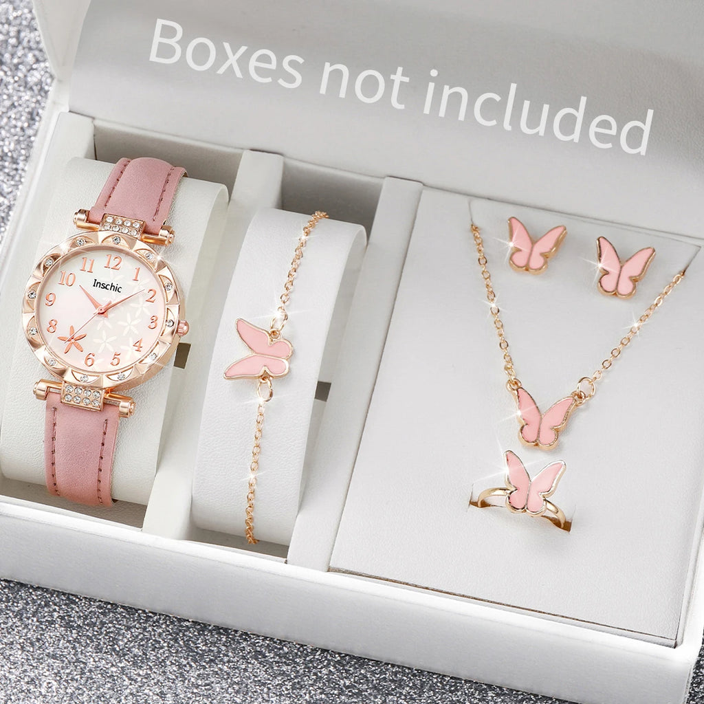 Women's 6 Piece Jewelry Set – Floral Quartz Watch + Earrings + Necklace + Bracelet + Ring | The Party Days | The Party Days