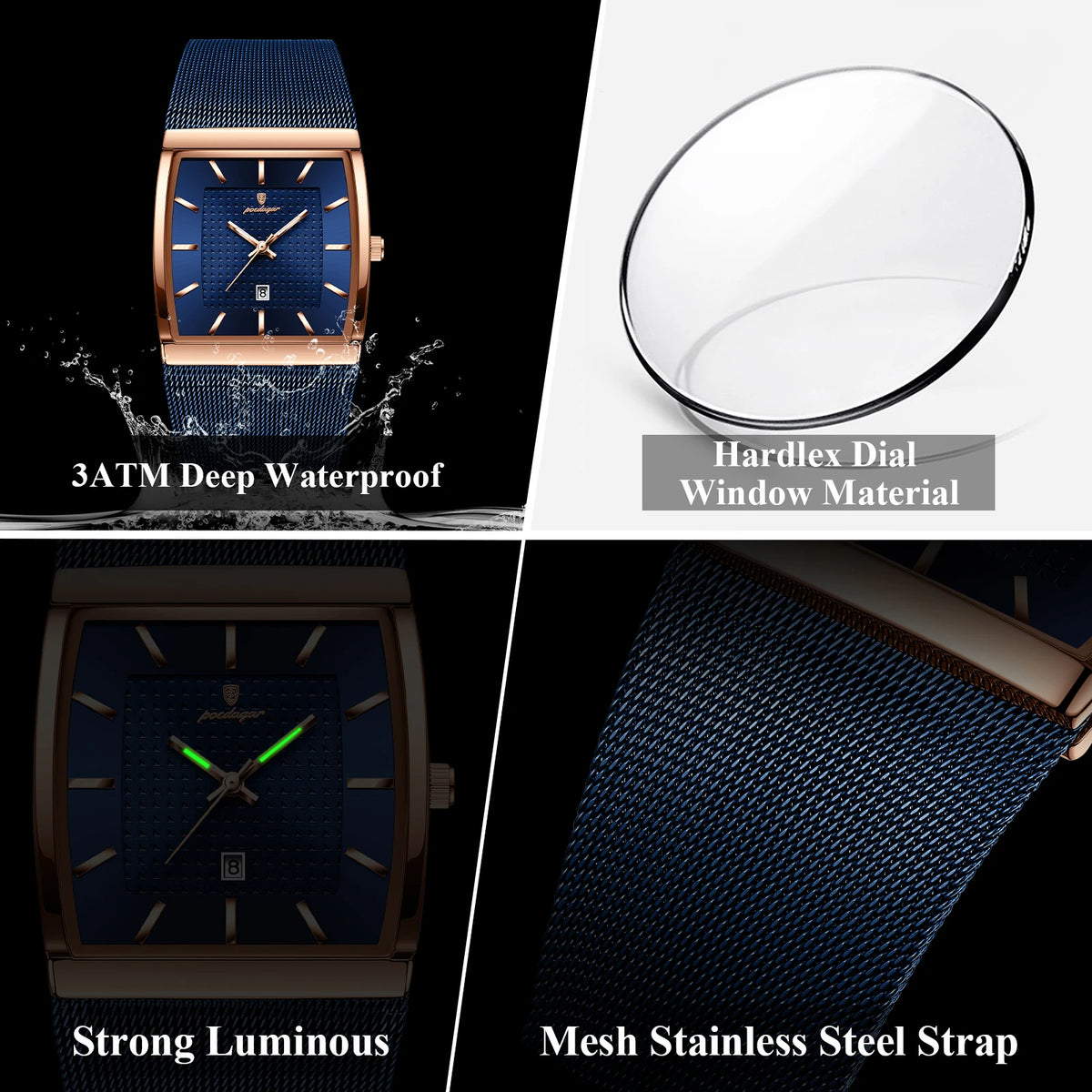 POEDAGAR 885 Men's Luxury Rectangular Watch – Stainless Steel Mesh | The Party Days | The Party Days
