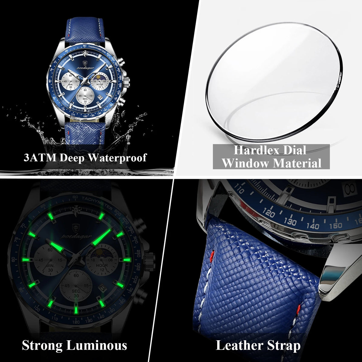 POEDAGAR 879-L Men's Quartz Chronograph Watch – Luminous Leather Strap | The Party Days | The Party Days